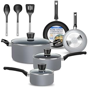 SereneLife Kitchenware Pots & Pans Basic Kitchen Cookware, Black Non-Stick Coating Inside, Heat Resistant Lacquer (11-Piece Set), One Size, Gray | Amazon price tracker / tracking, Amazon price history charts, Amazon price watches, Amazon price drop alerts