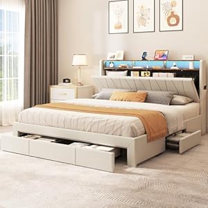 YITAHOME King Size Bed Frame, Storage Bed Frame with 4 Drawers & LED Light, Platform Bed with Storage Upholstered Headboard and Charging Station, No Box Spring Needed, Easy Assembly, Beige | Amazon price tracker / tracking, Amazon price history charts, Amazon price watches, Amazon price drop alerts