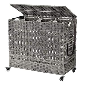 SONGMICS Laundry Hamper with Lid, 140L Synthetic Rattan Laundry Basket with Wheels, Clothes Hamper with 3 Removable Liner Bags, 3-Section Hampers with Handles, Laundry Room, Gray ULCB083G02 | Amazon price tracker / tracking, Amazon price history charts, Amazon price watches, Amazon price drop alerts