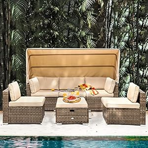 YITAHOME Patio Wicker Sofa Daybed Furniture Set with Retractable Canopy, Storable Side Table Outdoor Lounger with Soft Cushions for Backyard Porch (Light Brown + Beige) | Amazon price tracker / tracking, Amazon price history charts, Amazon price watches, Amazon price drop alerts